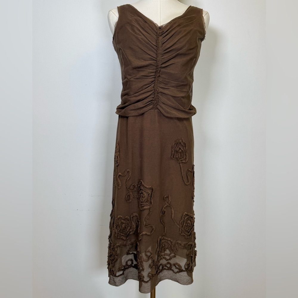 Max Studio Y2K Sleeveless Ruched Floral Appliqué Brown Midi Dress Women’s  XS - Picture 2 of 14